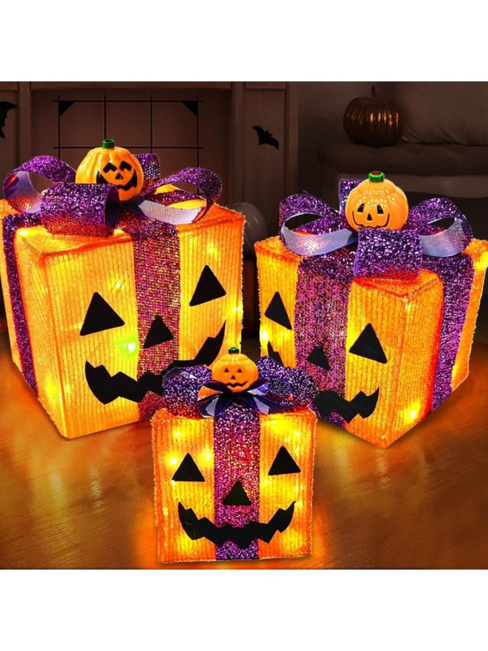 3 Pack Lighted Halloween Pumpkin Decorations with 8 Modes & Timer - Perfect